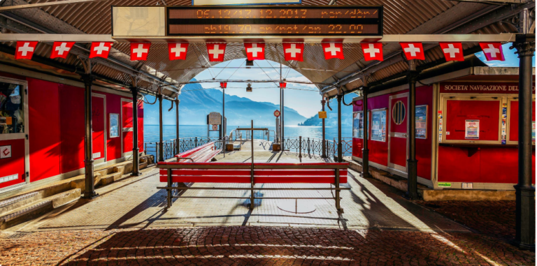 The railway station in Switzerland with a beautiful view.